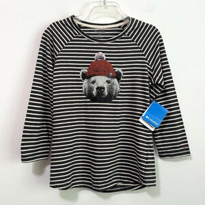 Columbia Tee S Unbearable Striped Graphic Shirt Bear 3/4 Sleeve Pullover NEW